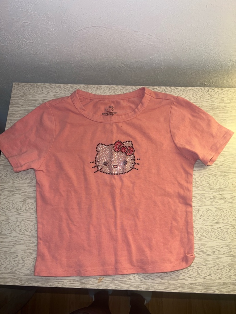 Rare Hello Kitty Coral Pink Short Sleeve Tee with Rhinestone Bow